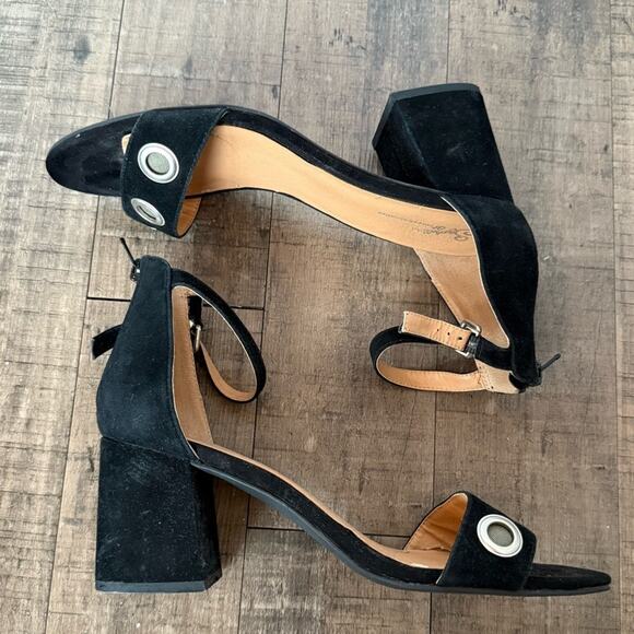 SEYCHELLES BLACK SUEDE SANDAL BLOCK HEEL ANKLE STRAP SILVER ACCENT SIZE 9 - Picture 5 of 8